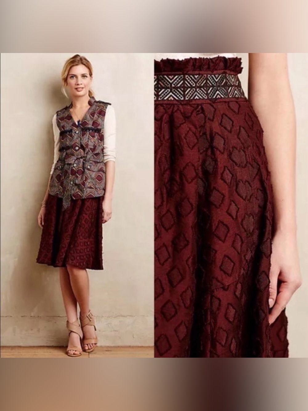 Maeve Burgundy diamon cut Midi Skirt with Geometric Waistband nwot size 4